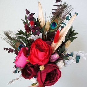 Wedding Bouquets Red Fuchsia Maroon Flowers Dried Flower Eucalyptus Bouquet Peacock, Gold Feather Bouquet Bridal Bridesmaid Flowers image 5