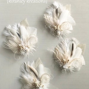 White Ivory Feather and Dried Flower Hairpiece Bridal Hair Comb Skeleton Leaf Hair Clip Babys Breath, Peacock Sword and Herl, Ostrich image 6