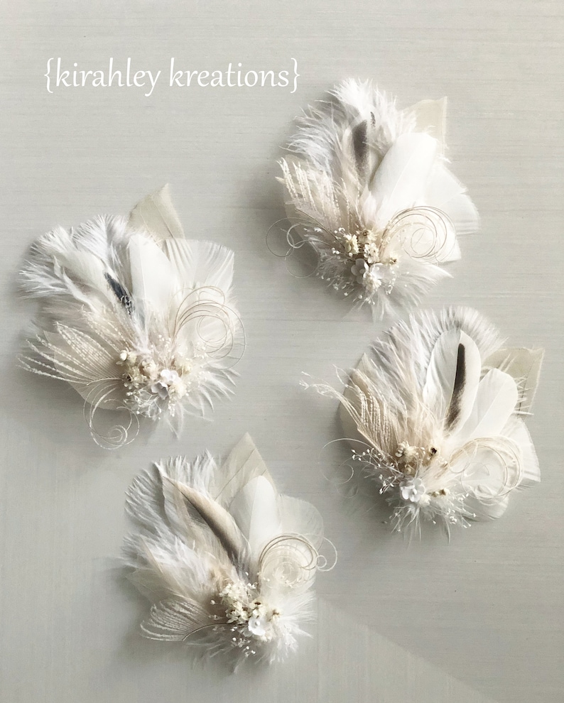 White Ivory Feather and Dried Flower Hairpiece Bridal Hair Comb Skeleton Leaf Hair Clip Babys Breath, Peacock Sword and Herl, Ostrich image 6