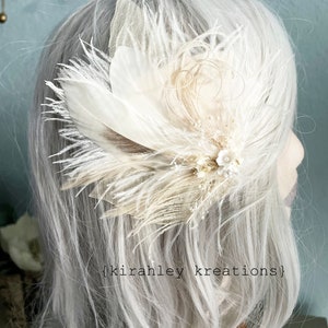 White Ivory Feather and Dried Flower Hairpiece Bridal Hair Comb Skeleton Leaf Hair Clip Babys Breath, Peacock Sword and Herl, Ostrich image 10