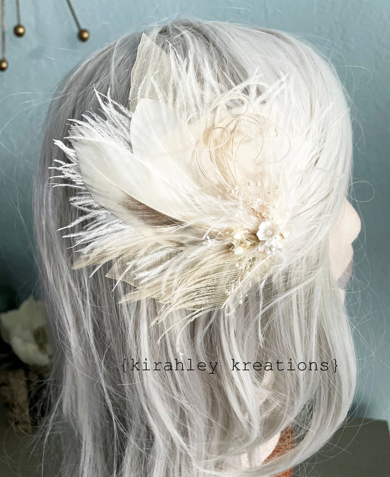 White Ivory Feather and Dried Flower Hairpiece Bridal Hair Comb Skeleton Leaf Hair Clip Babys Breath, Peacock Sword and Herl, Ostrich image 10