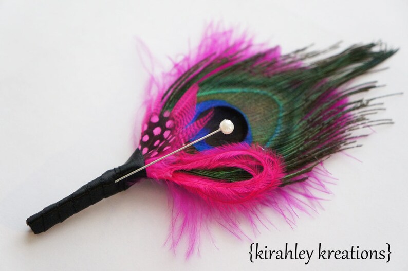 Hot Pink & Black Peacock Corsage Wedding Feather Hair Clip Bride Fuchsia Fascinator Groom Boutonniere Great Gatsby Prom Headpiece image 8