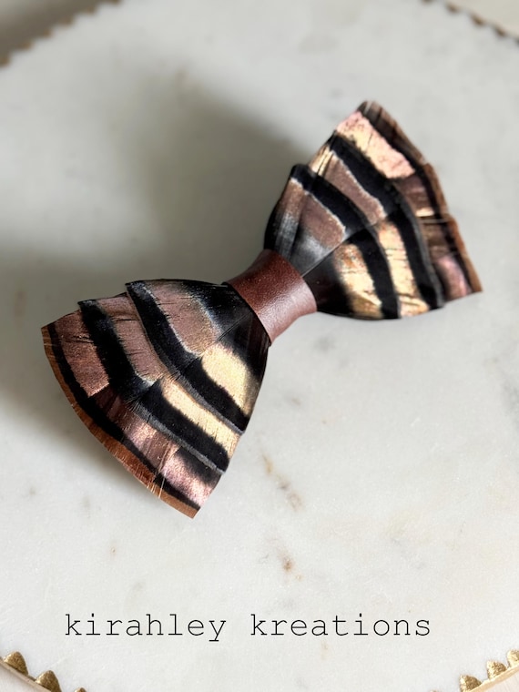 Bronze Turkey Feather Bow Tie | Black and Gold Mens Neck Tie | Wedding Day Attire | Rustic Tux Suit Accessory | Turkey Hunter, Game Feathers
