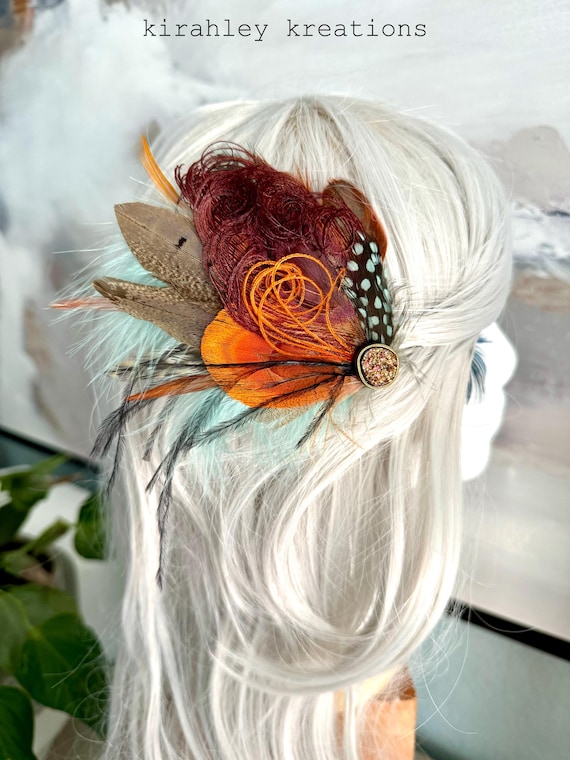 Bronze Peacock Pheasant Feather Hair Clip | Burnt Orange  display picture 2