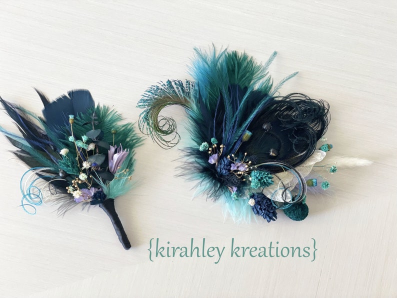 Schwarze Pfauenfeder Getrocknete Blumen Haarspange Marineblau, Dunkelgrün, Lila Haarteil Juwel Ton Hochzeit Corsage Bräutigam Boutonniere Bild 1