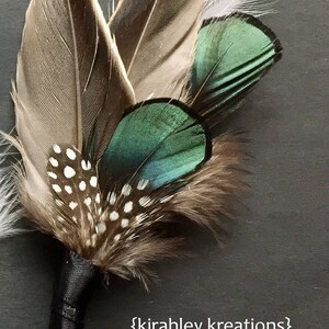 Emerald Green Hair Clip Rustic Wedding Tan Mallard Duck Feather Hairpiece Guinea and Lady Amherst Wrist Corsage Groom Boutonniere image 9