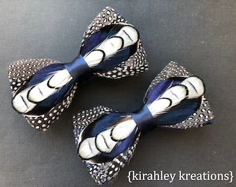 Blue Mallard Feather Bow Tie | Grooms Navy Wedding Bowtie | White Lady Amherst Black Spotted Guinea Mens Suit Neck Tie Boutonniere Lapel Pin