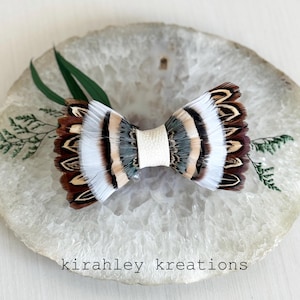 NEIL Rustic Feather Bow Tie | Pheasant Partridge Turkey | Bronze Cream Gray Feathers | Hunter Groom Wedding Attire | Mens Leather Neck Tie