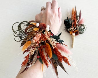 Rustic Flower Corsage | Rust Orange Peach Bronze | Boho Wedding | Fall Bride & Groom | Thistle Bunny Tail Eucalyptus | Hair Comb Boutonniere