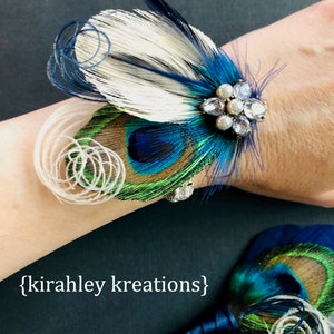 Peacock Feather Wrist Corsage Bridesmaid Rhinestone Bracelet Prom Cuff Wristlet Navy Blue Boutonniere Great Gatsby Hair Clip or Comb image 3