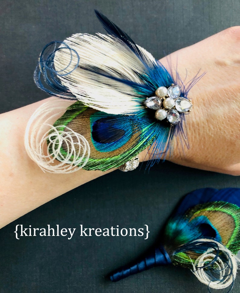 Peacock Feather Wrist Corsage Bridesmaid Rhinestone Bracelet Prom Cuff Wristlet Navy Blue Boutonniere Great Gatsby Hair Clip or Comb image 3