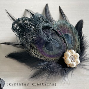 Black Peacock Feather Hair Clip Dark Wedding Fascinator Great Gatsby Holiday Hairpiece Rhinestone Corsage Goth Halloween Headpiece image 7