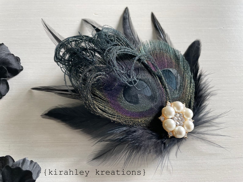 Black Peacock Feather Hair Clip Dark Wedding Fascinator Great Gatsby Holiday Hairpiece Rhinestone Corsage Goth Halloween Headpiece image 7