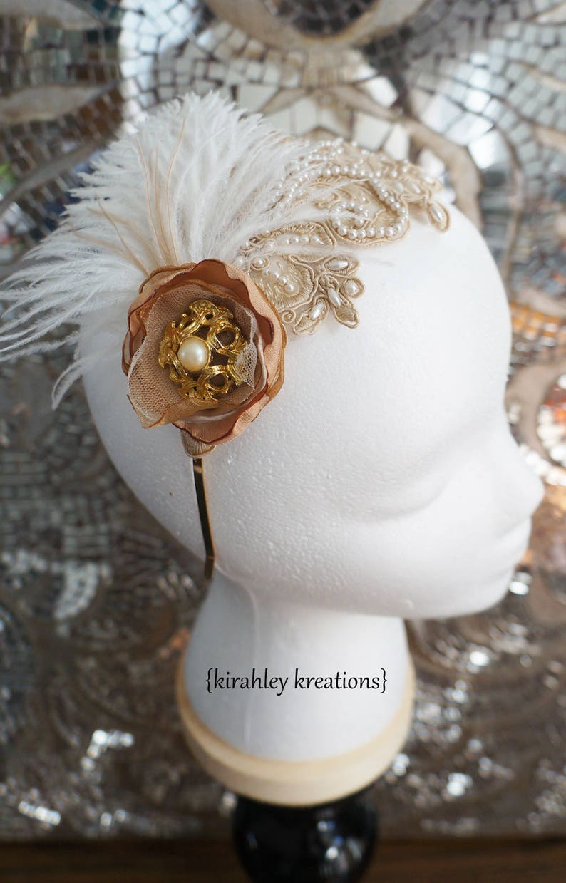 Gold Vintage Pearl Great Gatsby Headband SHIP READY Ostrich Feather Taupe Beige Lace Leaf Applique Wedding Bride Bridal Headpiece Crown