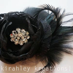 Black Feather & Flower Fascinator Gothic Wedding Hair Clip Halloween Headpiece Rhinestone Bride Hairpiece Black Ostrich Prom Corsage image 4