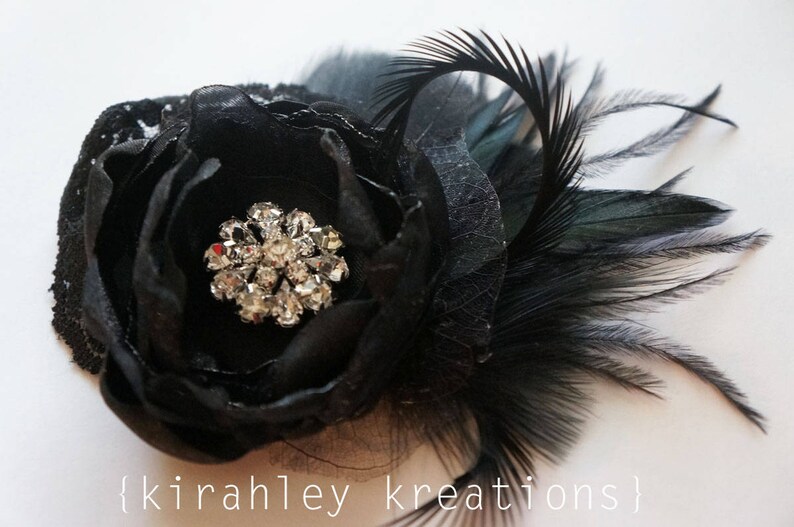 Black Feather & Flower Fascinator Gothic Wedding Hair Clip Halloween Headpiece Rhinestone Bride Hairpiece Black Ostrich Prom Corsage image 4