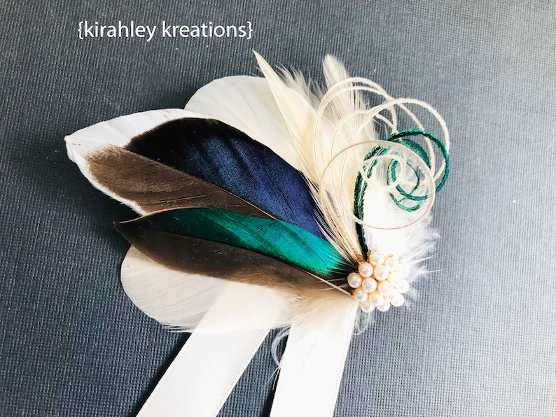 Green Teal Duck Mallard Feather Wristlet Rustic Wrist Corsage Boutonniere Woodland Wedding Hunter Groom Groomsmen Buttonhole Lapel Pin LEO