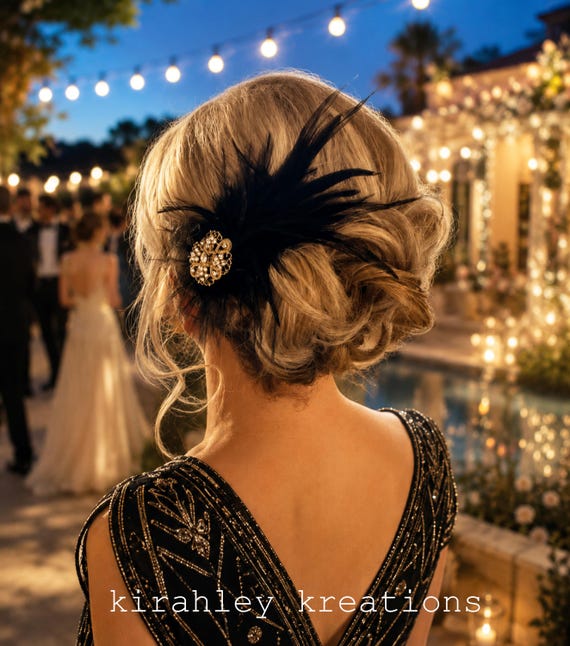 hair accessories for black dress Feather Clip | Great Gatsby Wedding, Flapper Headpiece | Black Shoe Clips | Bridal Ostrich Fascinator | Gold Rhinestone Hairpiece elegant accessories for black dress