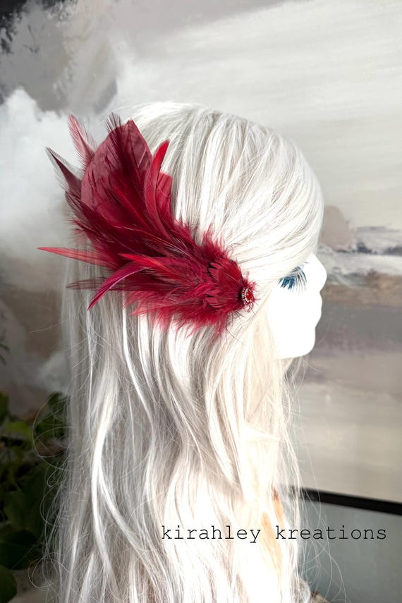 Burgundy Feather Hairpiece | Large Red Wedding Hair Clip  display picture 3