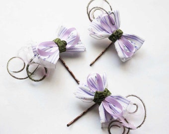 Vintage Floral Bow Hair Pins | Mini Bows | Bobby Pin Set | Lavender Hunter Green Flower | Peacock Ostrich Feather | Bridal Bobbies Hairpiece