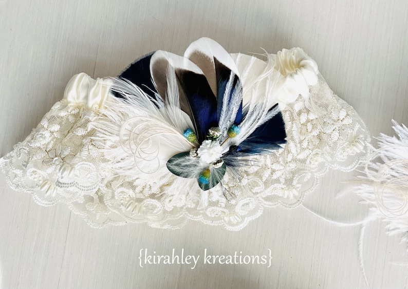 Conjunto de liga de plumas de mallard azul / flor seca conjunto de liga de eucalipto / recuerdo de boda de novia liga de lanzamiento / conjunto de liga nupcial de encaje de marfil imagen 5