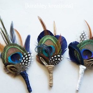 Peacock Feather Boutonniere Navy Blue Groom Wedding Keepsake Groomsmen Lapel Pin Bronze, Burnt Orange, Guinea TRENT Prom Buttonhole image 1