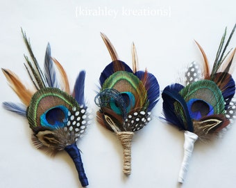 Peacock Feather Boutonniere | Navy Blue Groom Wedding Keepsake | Groomsmen Lapel Pin | Bronze, Burnt Orange, Guinea TRENT | Prom Buttonhole