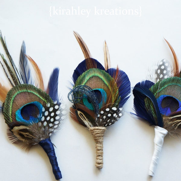 Peacock Feather Boutonniere | Navy Blue Groom Wedding Keepsake | Groomsmen Lapel Pin | Bronze, Burnt Orange, Guinea TRENT | Prom Buttonhole