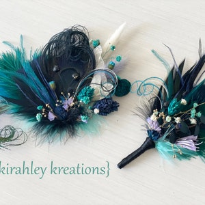 Black Peacock Feather Dried Flower Hair Clip Navy Blue, Dark Green, Purple Hairpiece Jewel Tone Wedding Corsage Groom Boutonniere image 3