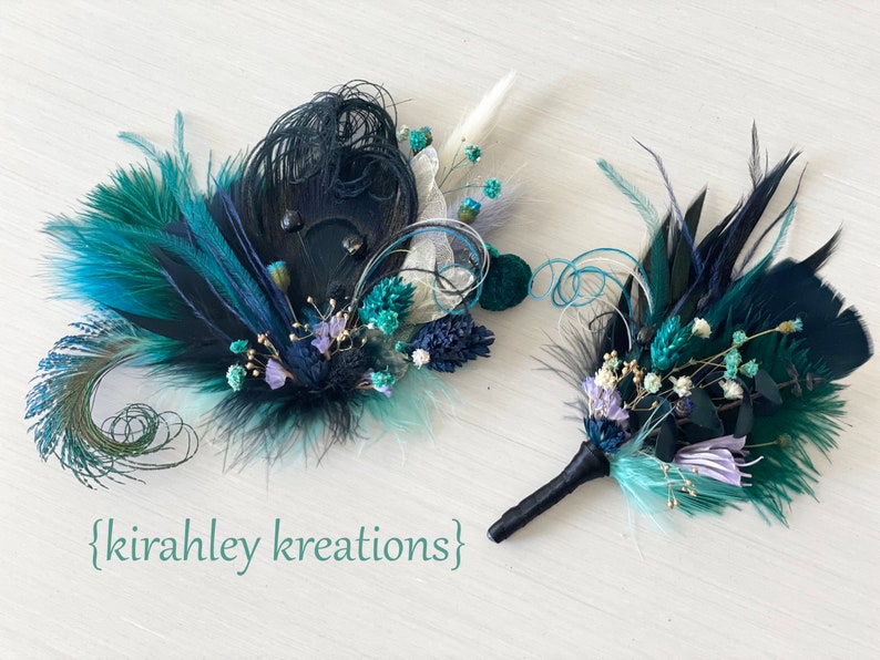 Pluma de pavo real negro clip de pelo de flores secas / azul marino, verde oscuro, postizo púrpura / corsage de boda tono joya / boutonniere de novio imagen 3