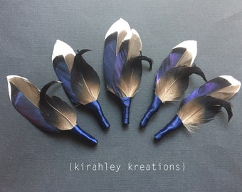 Blue Mallard + Drake Feather Boutonniere | Something Navy Blue Groom Wedding Lapel Pin | Groomsmen Duck Hunter Keepsake | Rustic Prom