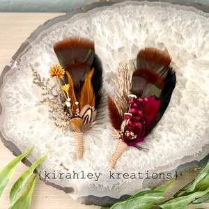 Boho Turkey Feather & Dried Flower Hat Pin Floral Hatpiece Rustic Hat Accessory Wedding Bridal Pin Lady Hat Brooch Western Cowgirl image 9