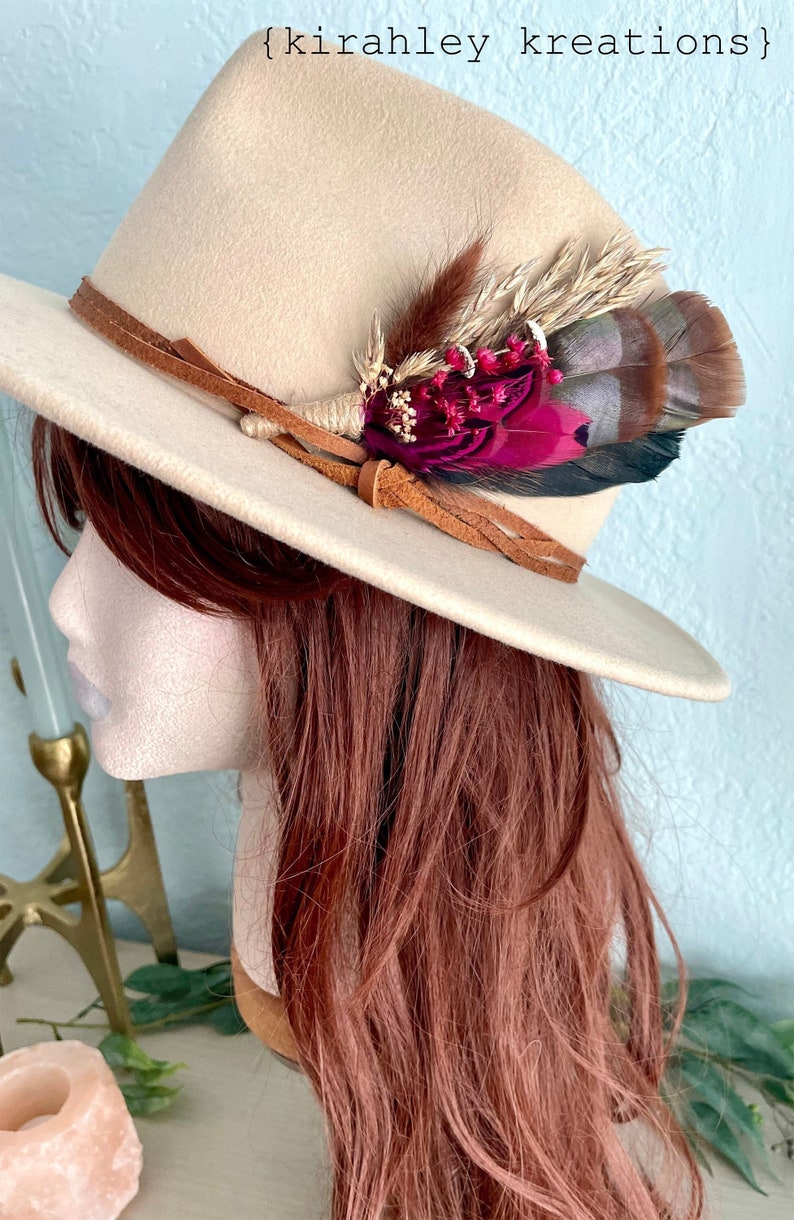 Boho Turkey Feather & Dried Flower Hat Pin Floral Hatpiece Rustic Hat Accessory Wedding Bridal Pin Lady Hat Brooch Western Cowgirl image 1