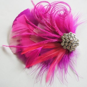 Hot Pink Feather Hair Clip Fuchsia Wedding Headpiece Great Gatsby Fascinator Bachelorette Party Bride Bridal Bridesmaid Prom Corsage image 2