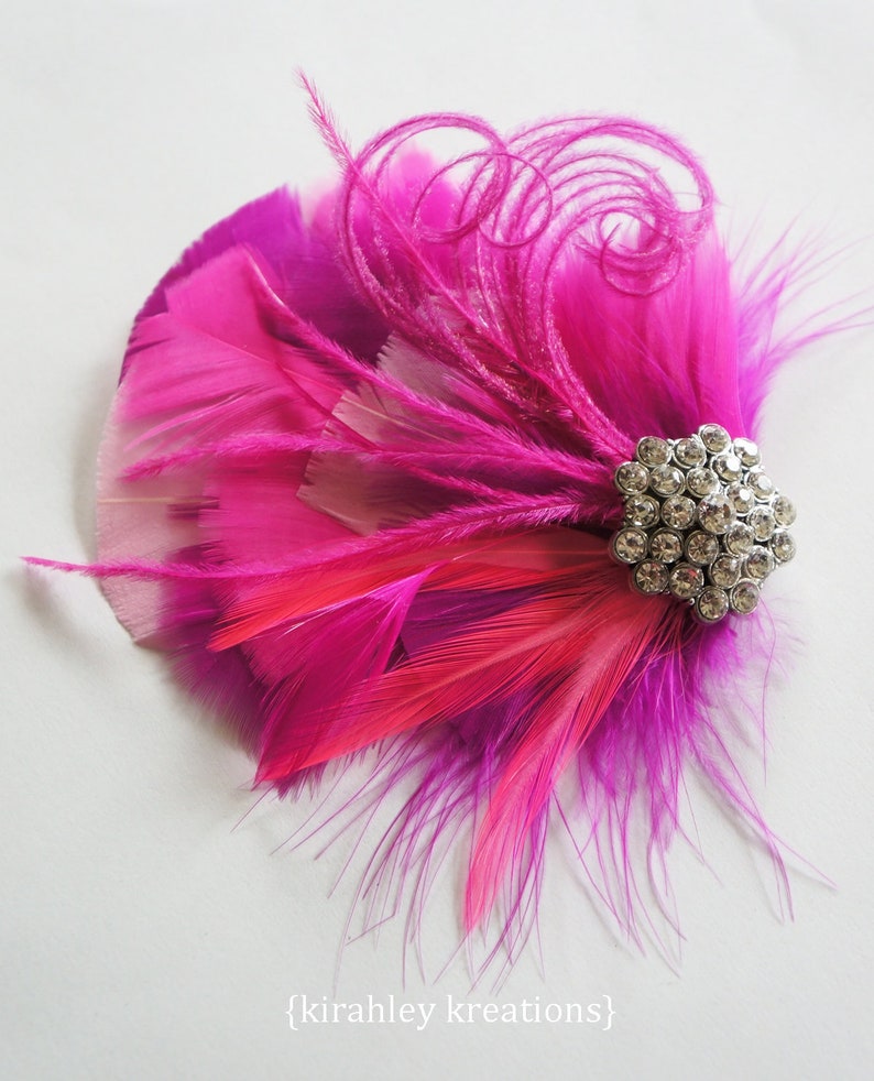 Hot Pink Feather Hair Clip Fuchsia Wedding Headpiece Great Gatsby Fascinator Bachelorette Party Bride Bridal Bridesmaid Prom Corsage image 2