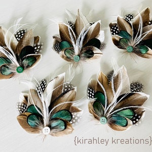 Emerald Green Hair Clip Rustic Wedding Tan Mallard Duck Feather Hairpiece Guinea and Lady Amherst Wrist Corsage Groom Boutonniere image 6