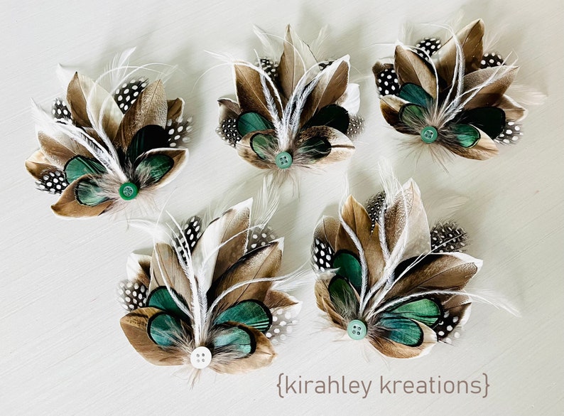 Emerald Green Hair Clip Rustic Wedding Tan Mallard Duck Feather Hairpiece Guinea and Lady Amherst Wrist Corsage Groom Boutonniere image 6