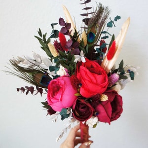 Wedding Bouquets Red Fuchsia Maroon Flowers Dried Flower Eucalyptus Bouquet Peacock, Gold Feather Bouquet Bridal Bridesmaid Flowers image 2