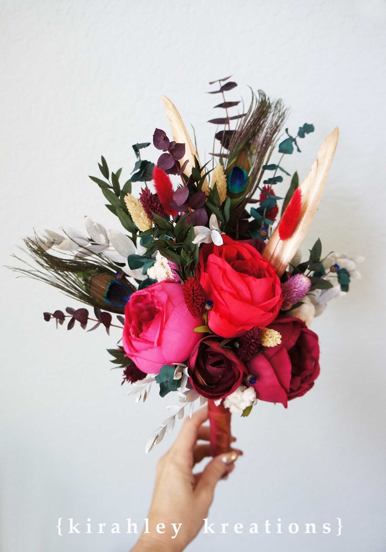Wedding Bouquets Red Fuchsia Maroon Flowers Dried Flower Eucalyptus Bouquet Peacock, Gold Feather Bouquet Bridal Bridesmaid Flowers image 2