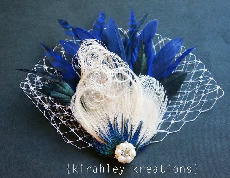 Navy Blue Peacock Feather Clip Gatsby Wedding Fascinator Ivory Pearl Bridal Hairpiece Rhinestone Bride Headpiece Birdcage Veiling image 7