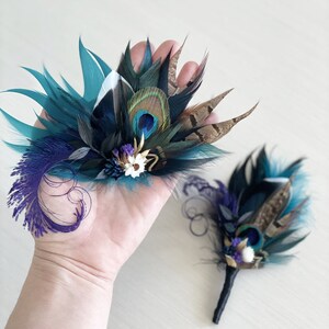 Mallard, Peacock Feather, Dried Flower Hair Clip Teal Blue Black, Purple Hairpiece Jewel Tone Wedding Corsage Rustic Groom Boutonniere image 6