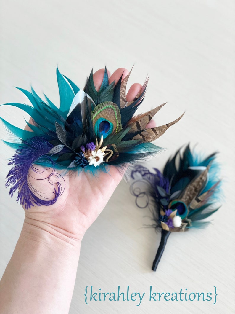 Mallard, Peacock Feather, Dried Flower Hair Clip Teal Blue Black, Purple Hairpiece Jewel Tone Wedding Corsage Rustic Groom Boutonniere image 6