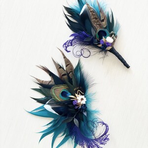 Mallard, Peacock Feather, Dried Flower Hair Clip Teal Blue Black, Purple Hairpiece Jewel Tone Wedding Corsage Rustic Groom Boutonniere image 9