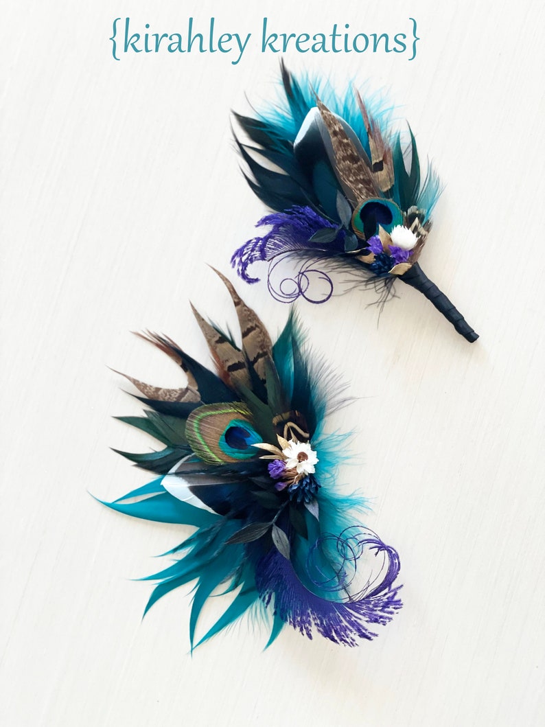 Mallard, Peacock Feather, Dried Flower Hair Clip Teal Blue Black, Purple Hairpiece Jewel Tone Wedding Corsage Rustic Groom Boutonniere image 9