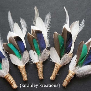 Green Teal Duck & Mallard Feather Corsage Rustic Hunter Groom Boutonniere Blue and Emerald Wedding Groomsmen Lapel Pin Buttonhole LEO image 5