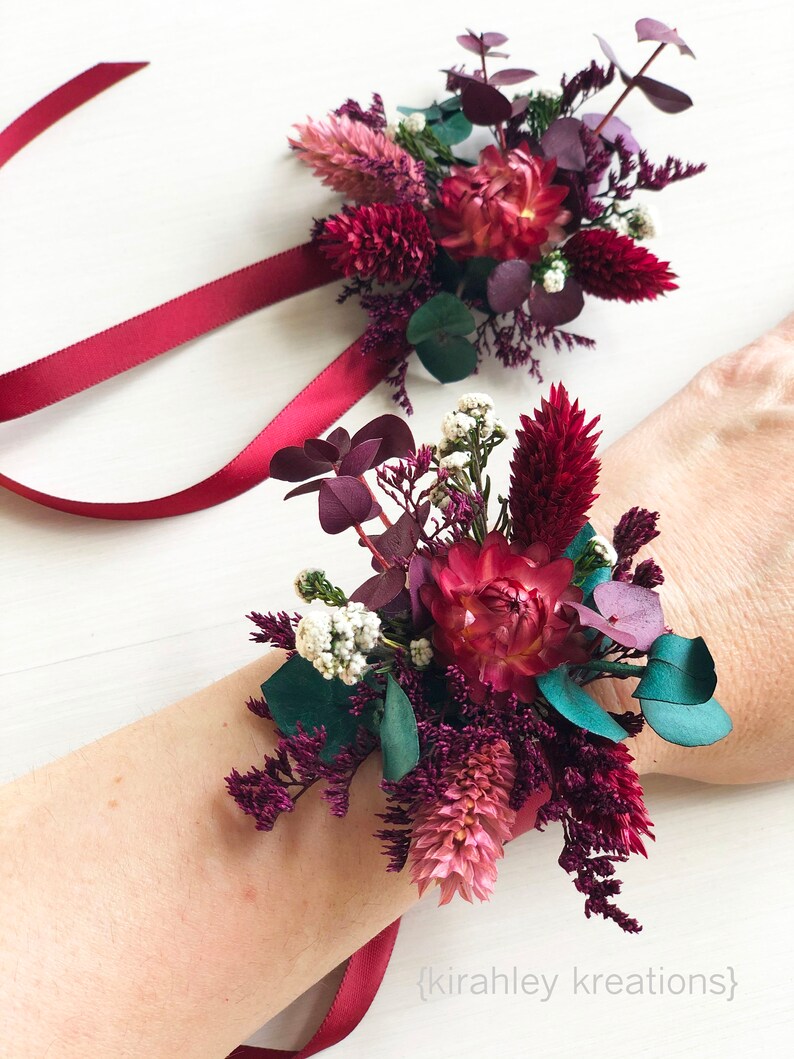 Burgundy Wine Flower Wrist Corsage Bridal Corsage Prom Bridesmaids Flower Accessory Bouquet Dried Floral Wristlet Mothers Brooch Pin