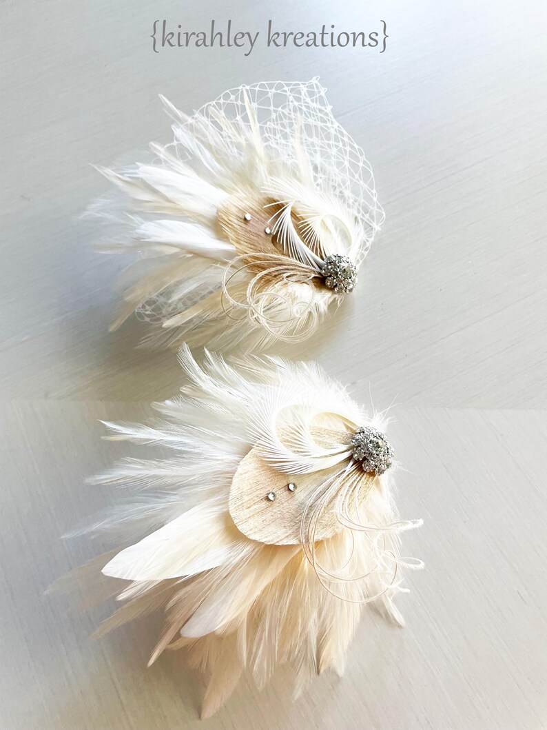 Pinza para el pelo con plumas de pavo real color marfil / Tocado de novia estilo Gran Gatsby / Postizo de novia blanco / Ramillete de muñeca color champán para graduación / Peineta de boda estilo bohemio imagen 14