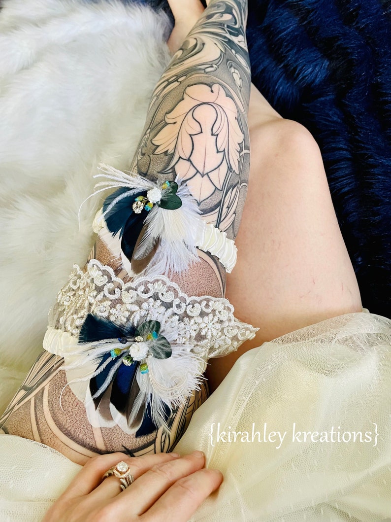 Blue Mallard Feather Garter Set Dried Flower Eucalyptus Garter Set Bride Wedding Keepsake Toss Garter Ivory Lace Bridal Garter Set image 1