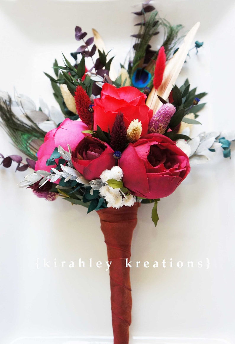 Wedding Bouquets Red Fuchsia Maroon Flowers Dried Flower Eucalyptus Bouquet Peacock, Gold Feather Bouquet Bridal Bridesmaid Flowers image 3