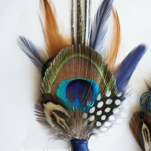 Peacock Feather Boutonniere Navy Blue Groom Wedding Keepsake Groomsmen Lapel Pin Bronze, Burnt Orange, Guinea TRENT Prom Buttonhole image 5